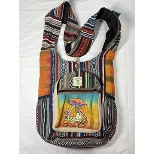 Colorful Himalayan Hemp Shoulder Bag Mushroom‎ Embroidery Boho Sling Backpack